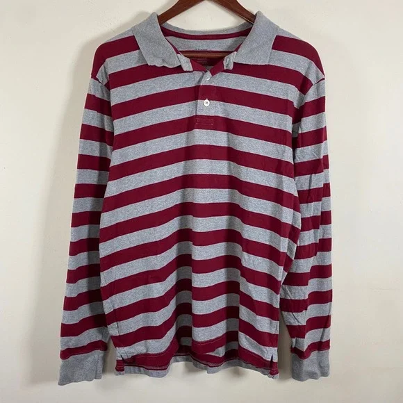 Old Navy Striped Rugby Shirt Men's Large Cotton Red Gray Sporty Casual Preppy - Picture 2 of 6